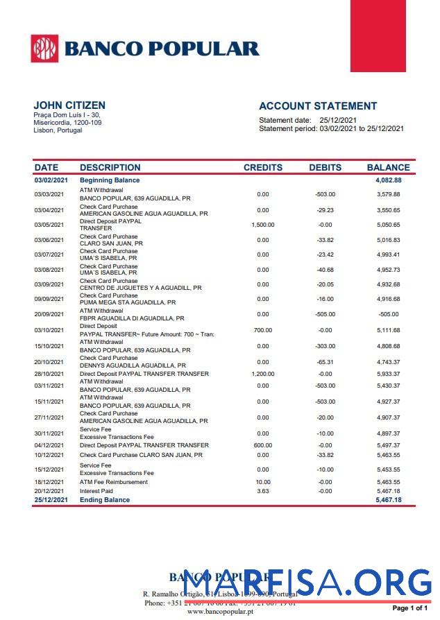 Downloadable Portugal Banco Popular bank statement word real example